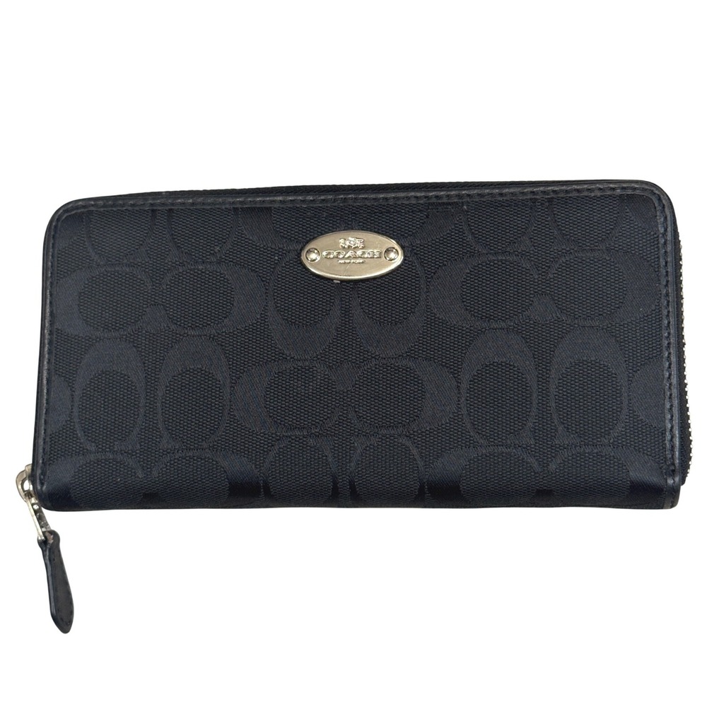 Coach Black Signature Jacquard Zip Around Accordion Wallet Silver Hardware